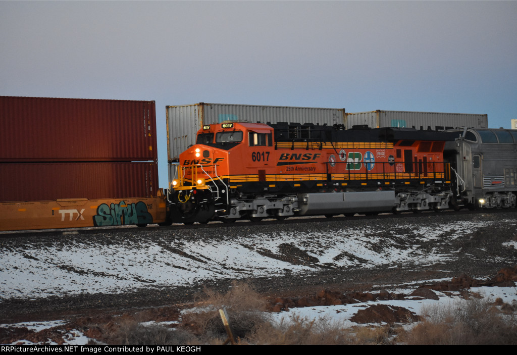 BNSF 6017 A 25th Anniversary ES44AC Locomotive Pulls the BNSF Super Bowl Passenger Cars into the BNSF Winslow, Arizona Depot for a Crew Swap and continue eastbound towards Topeka, Kansas 